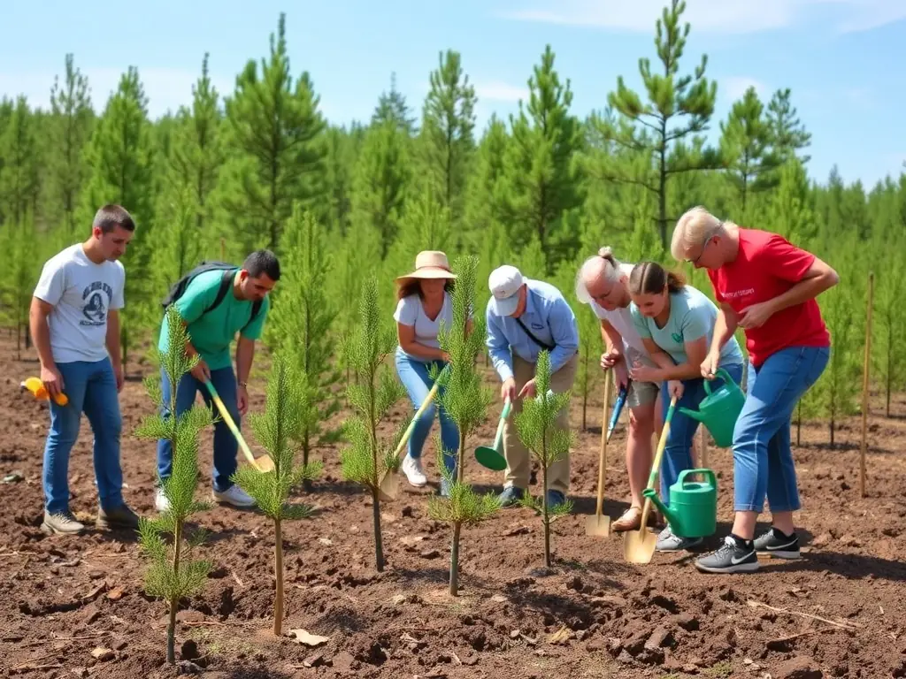 A group of volunteers planting native trees in a deforested area, focusing on reforestation efforts to enhance local biodiversity and create wildlife habitats.