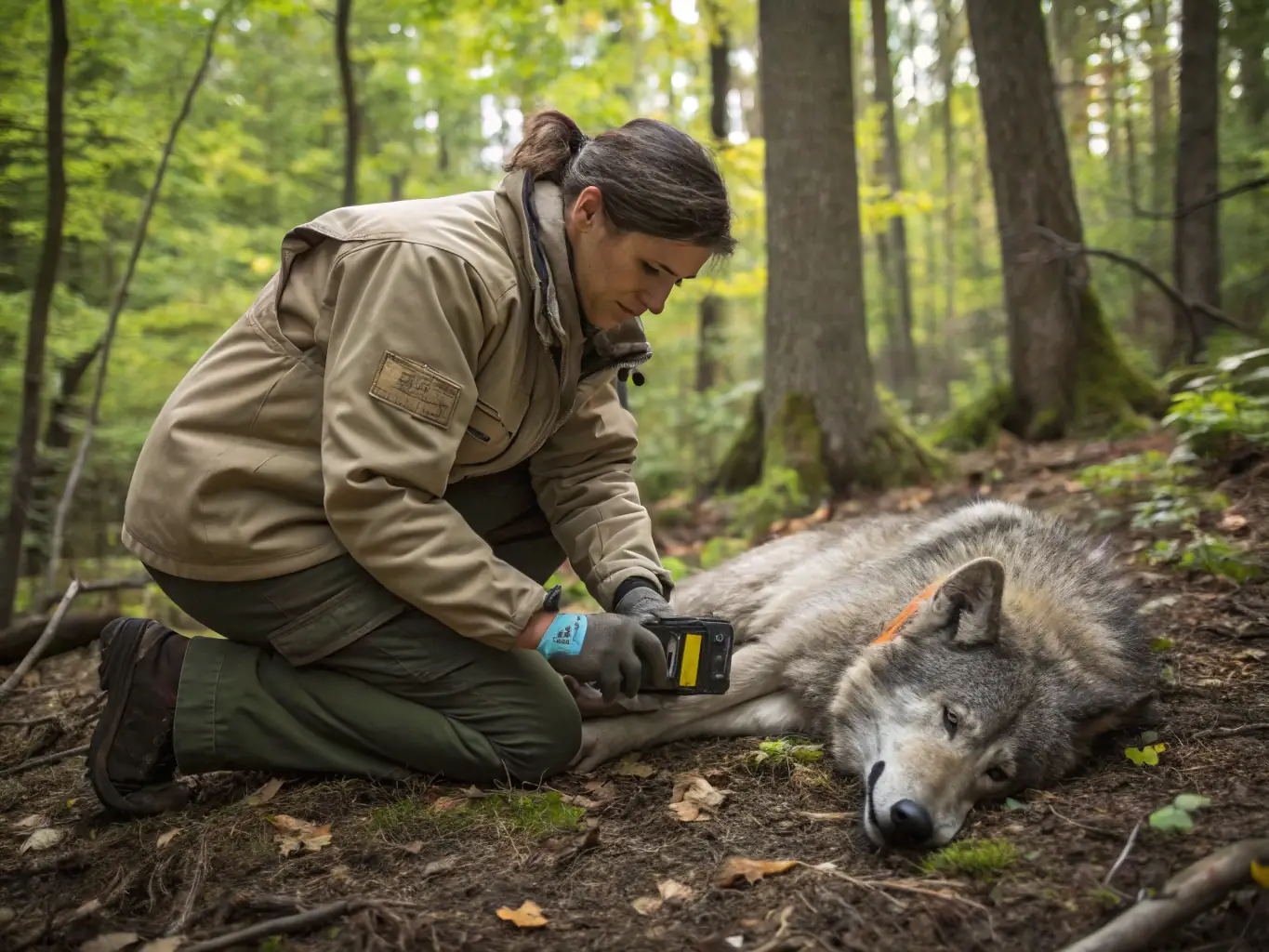 A wildlife biologist monitoring a deer population using tracking equipment, emphasizing sustainable wildlife management practices and data collection.