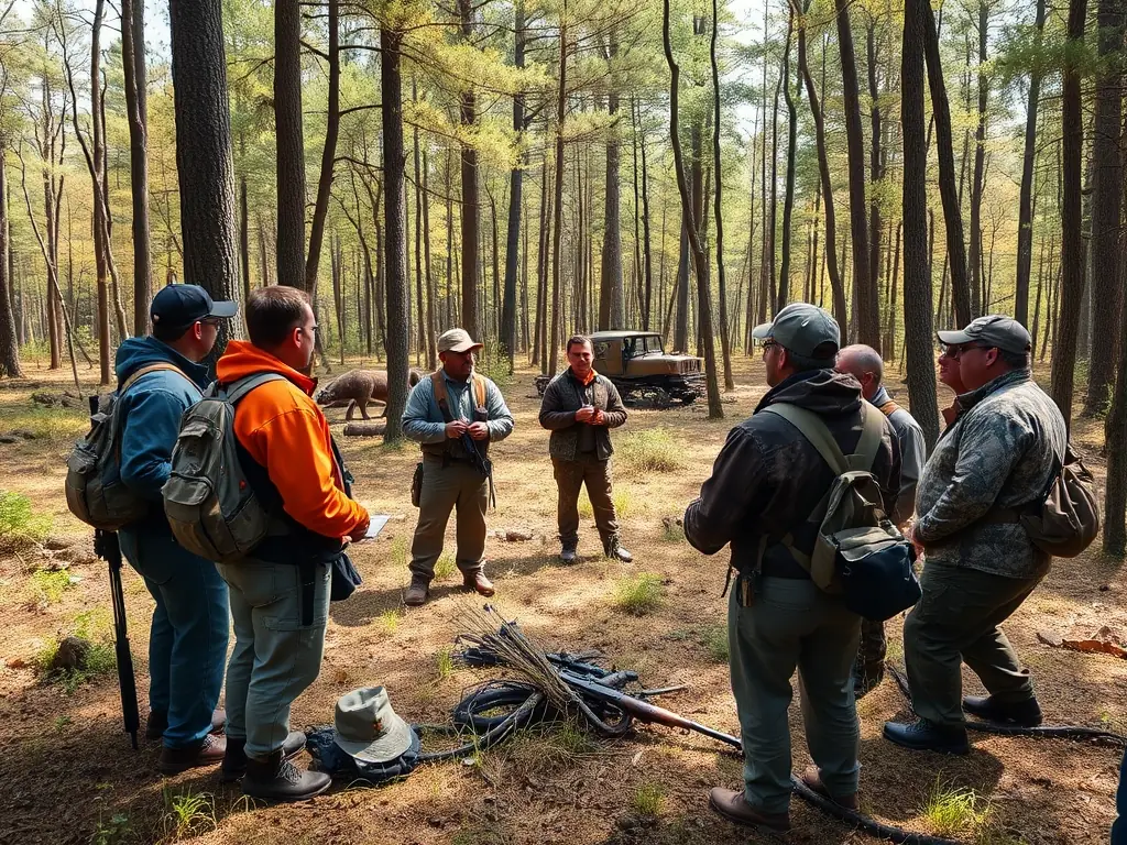 A photograph showcasing a training session on responsible hunting practices, with participants learning about wildlife identification, ethical hunting techniques, and conservation principles. The image should highlight the educational aspect of the program.