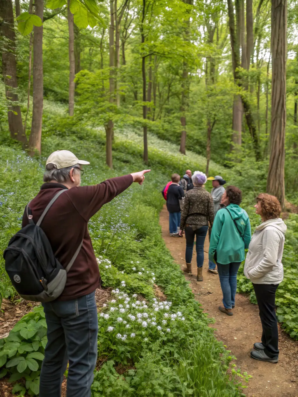 A photograph showing a group of young people learning about wildlife tracking from experienced members of ASSOCIATION COMMUNALE DE CHASSE AGREEE DE COLTINES. The setting is a natural woodland area, and the image captures the educational aspect of the program.
