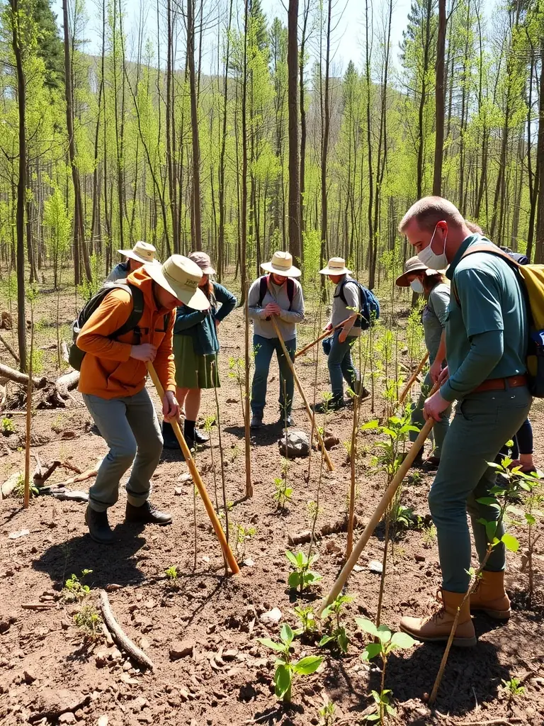 A group of association members participating in a habitat restoration project, planting trees and clearing invasive species.