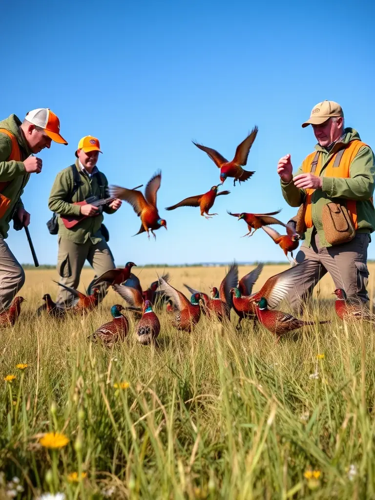 A photograph capturing a group of members of ASSOCIATION COMMUNALE DE CHASSE AGREEE DE COLTINES participating in a pheasant release program in the Coltines area, showcasing their commitment to wildlife management.