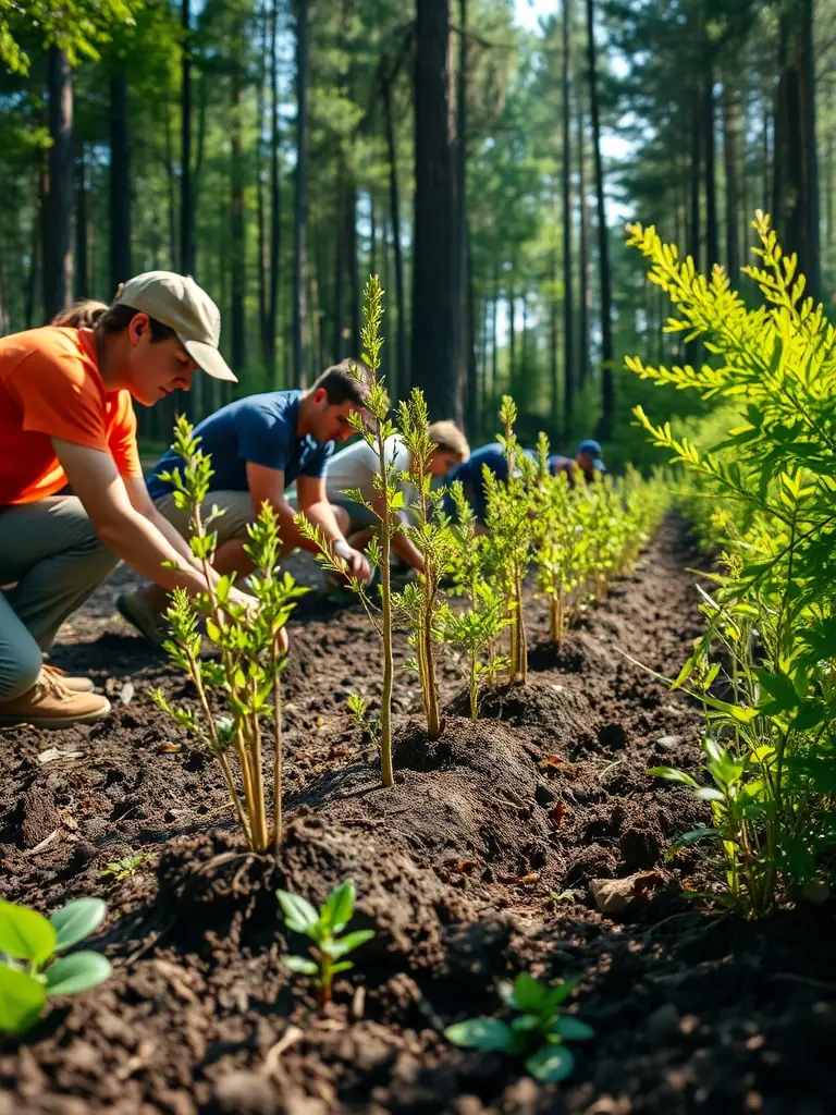 A photograph depicting members of ASSOCIATION COMMUNALE DE CHASSE AGREEE DE COLTINES participating in a habitat restoration project, planting native trees and shrubs in a previously cleared area. The image should convey a sense of teamwork and environmental stewardship.