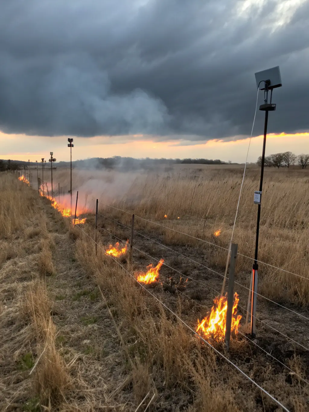 A photograph showing members of ASSOCIATION COMMUNALE DE CHASSE AGREEE DE COLTINES participating in a controlled burn, carefully managing the fire to promote healthy forest regeneration. The image should convey the controlled and beneficial nature of the activity.