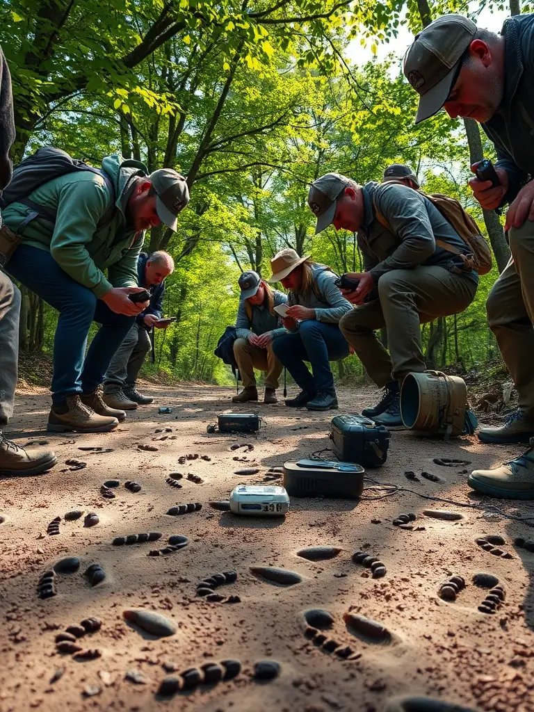 A photograph of members of ASSOCIATION COMMUNALE DE CHASSE AGREEE DE COLTINES conducting a wildlife survey, using binoculars and GPS devices to record observations. The image should highlight the scientific aspect of wildlife management.