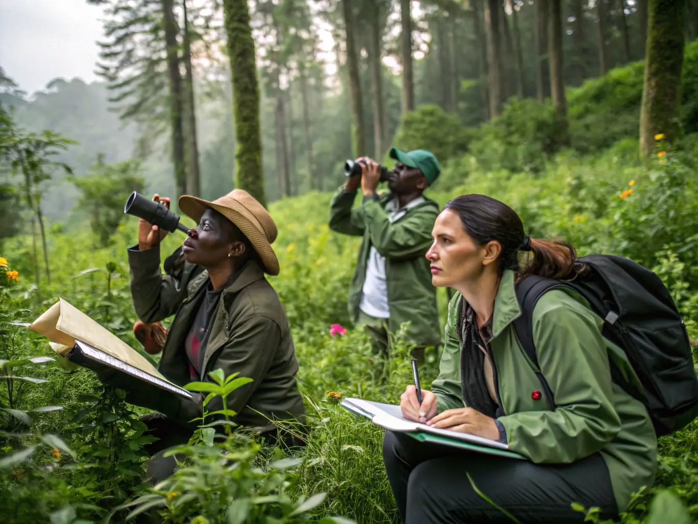 A photograph illustrating a wildlife monitoring activity, with researchers collecting data on local species populations, tracking their movements, and assessing their health. The image should convey a sense of scientific rigor and environmental awareness.